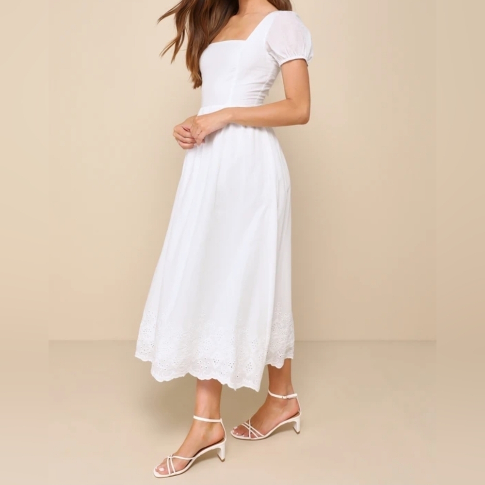 Lulus Stylish Merriment White Puff Sleeve Embroidered Midi Dress - Picture 3 of 12